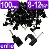 Cable Clip Hook Style  8mm to 12mm Round for Fastenings Cables Black [100 Pack]