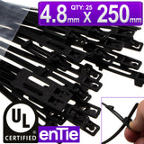 Easy Release Cable Ties 4.8mm x 250mm Releasable Reusable Black [25 Pack]