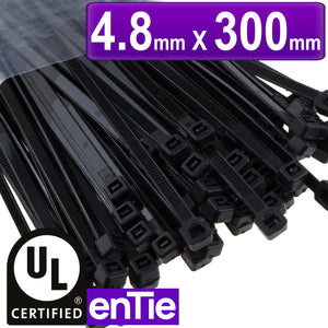 Black Cable Ties 4.8mm x 300mm Nylon 66 UL Approved [100 Pack]