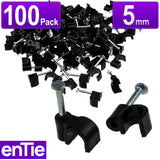 Round Black  5mm Cable Clips Secure Fastenings Cables [100 Pack]