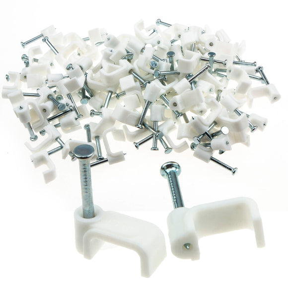 FLAT White 10mm Cable Clips for 2.5mm2 Twin & Earth Cables [100 Pack]
