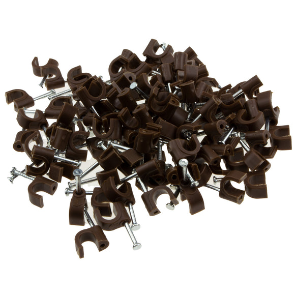 Round Brown  6mm Cable Clips Secure Fastenings Cables [100 Pack]