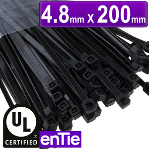 Black Cable Ties 4.8mm x 200mm Nylon 66 UL Approved [100 Pack]