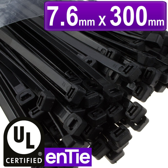 Black Cable Ties 7.6mm x 300mm Nylon 66 UL Approved [100 Pack]