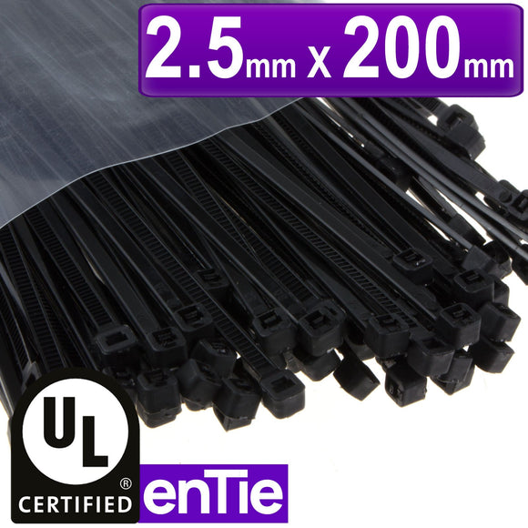 Black Cable Ties 2.5mm x 200mm Nylon 66 UL Approved [100 Pack]