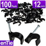 Round Black 12mm Cable Clips Secure Fastenings Cables LARGE [100 Pack]