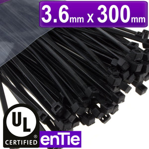 Black Cable Ties 3.6mm x 300mm Nylon 66 UL Approved [100 Pack]