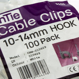 Cable Clip Hook Style 10mm to 14mm Round for Fastenings Cables White [100 Pack]