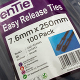 Easy Release Cable Ties 7.6mm x 250mm Releasable Reusable Black [100 Pack]